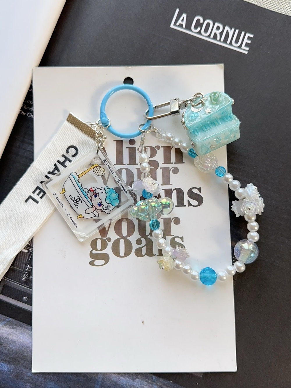 Authentic CC Ribbon with Blue Piano Charm Keyring with Beads & Tassels - Picture 2 of 3